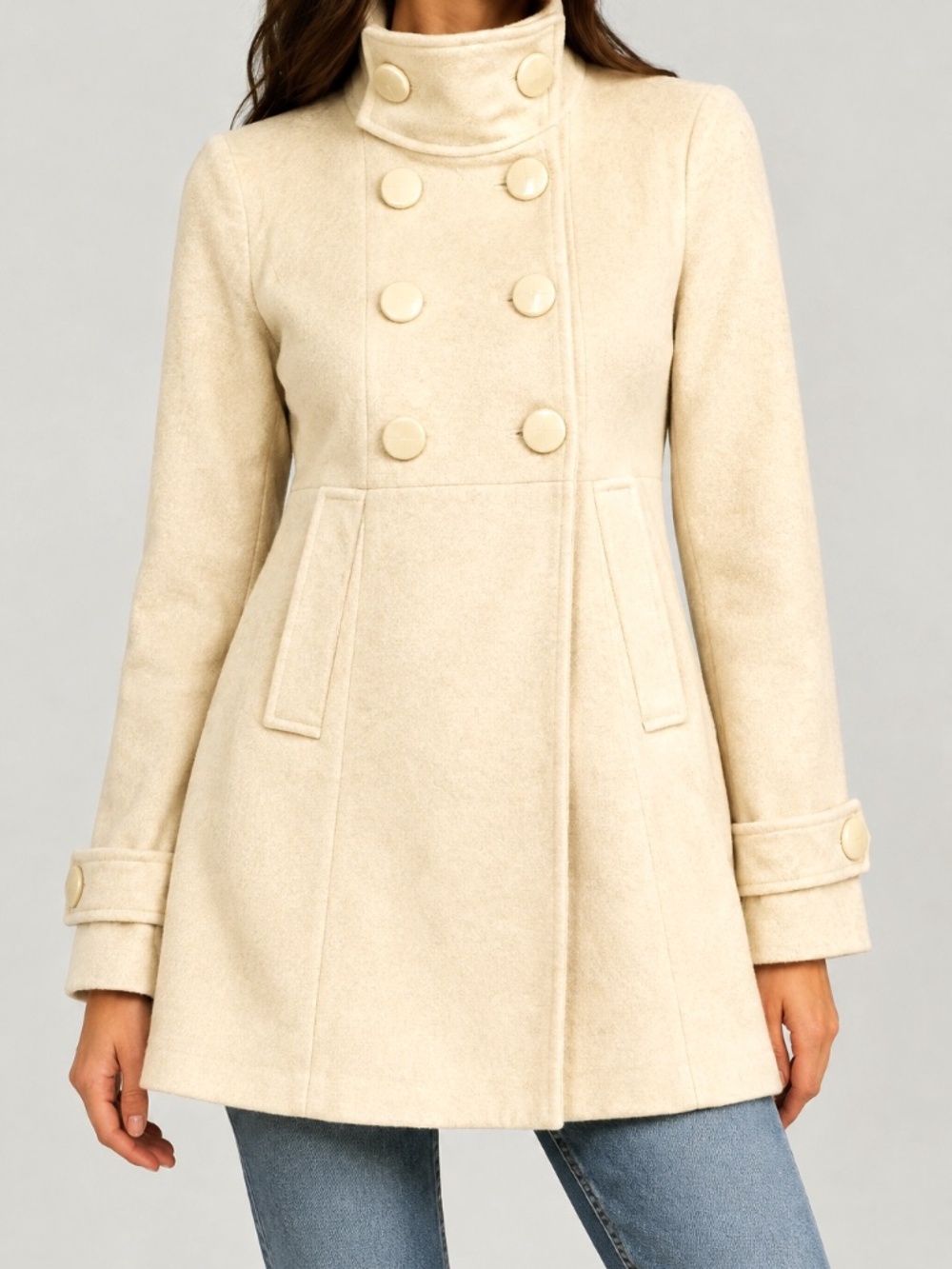 Zara Wool Blend Double-Breasted Cream Pea Coat, women’s small